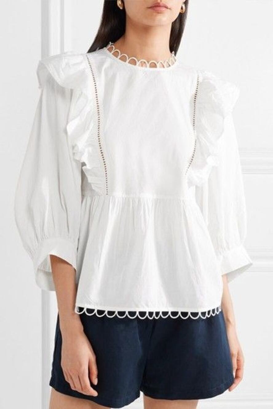 APIECE APART Ruffle 3/4 Sleeve Cotton Blouse - Cream - Size 2